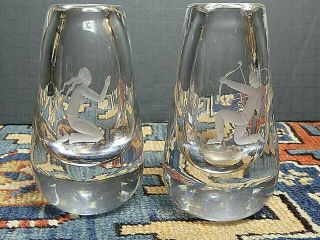 Fabulous Art Deco SALIR Clear Glass Etched Artemis & Siren Vases Signed/Numbered 5