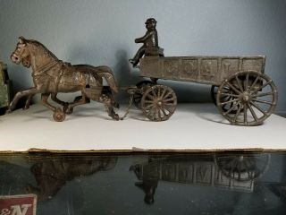 Vintage Cast Iron Horse Driven Coal Wagon With Driver