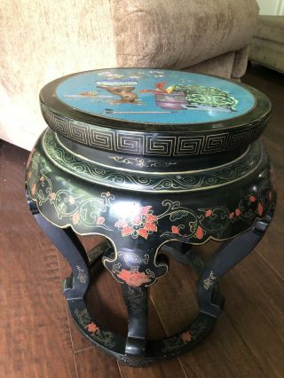 Vintage Chinese Stool Table Wood Black Lacquer Inlay