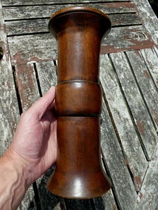 FINE ANTIQUE CHINESE BAMBOO GU FORM BRUSH POT VASE & CARVED WOOD STAND 19th CENT 3