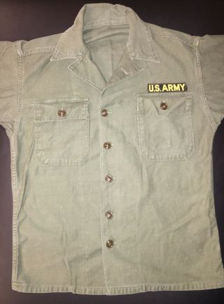 US ARMY Olive Green Uniform Shirt Men ' s Vintage Patches 50’s Korea Cond. 4