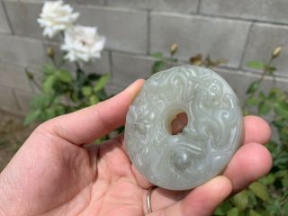 Estate Old House Found Chinese Antique Carved White Hetian Jade Dragon Pendant 2