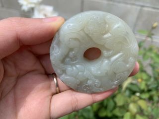 Estate Old House Found Chinese Antique Carved White Hetian Jade Dragon Pendant 4