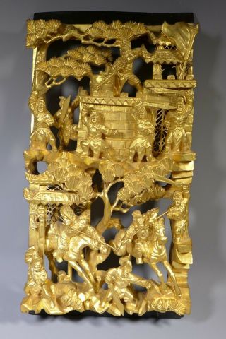 Fine Vintage Chinese Gold Gilt Wood Carved Panel Battle Scene