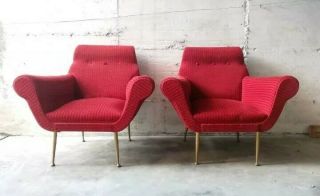 Splendid Mid Century Pair Lounge Chairs By Gigi Radice For Minotti Italy 1950s