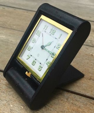 Vintage Swiss Jaeger LeCoultre 8 Day Folds Leather Desk Alarm Travel Clock 4