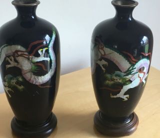 Antique Meiji Period Japanese Ginbari Cloisonné Dragon Vases Wood Stands