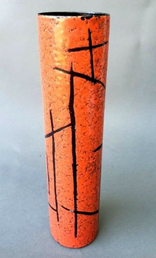 Mid - Century Modern Heavy Enamel On Copper Cylindrical Vase In Orange By Valenti