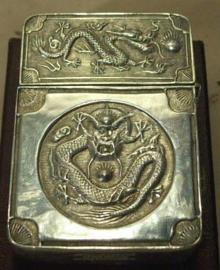 1930 ' s PURE SILVER ANTIQUE CHINESE DRAGON LIGHTER TIENTSIN CHUNG w/STORAGE BOX 2