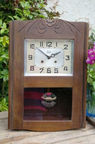 Vintage ODO French Art Deco Wall Clock Carved Oak Case Striking Clock 1930s Chic 12