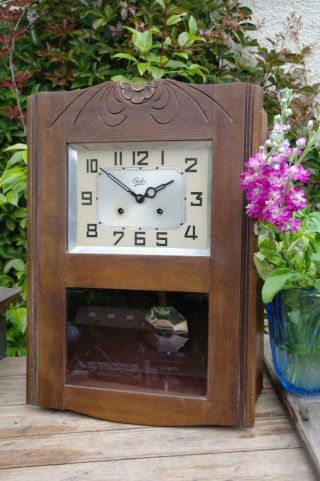 Vintage Odo French Art Deco Wall Clock Carved Oak Case Striking Clock 1930s Chic