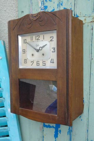 Vintage ODO French Art Deco Wall Clock Carved Oak Case Striking Clock 1930s Chic 2