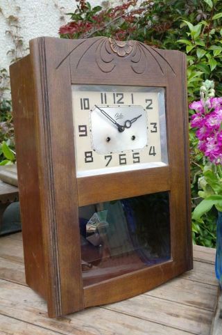 Vintage ODO French Art Deco Wall Clock Carved Oak Case Striking Clock 1930s Chic 4