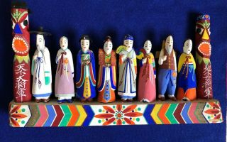 Vintage 1950s Korean Custom Hand Carved and Painted Ten Folk Dolls Korea 12