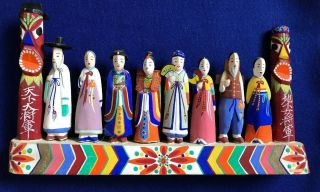 Vintage 1950s Korean Custom Hand Carved and Painted Ten Folk Dolls Korea 2