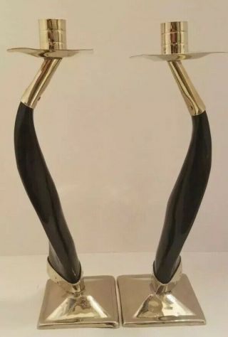 Pair Midcentury Modern Airedelsur Argentina Goat Horn Candlesticks Silver Plated