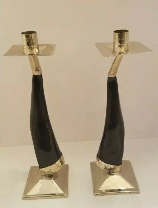 Pair Midcentury Modern Airedelsur Argentina Goat Horn Candlesticks Silver Plated 2