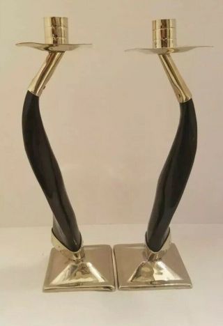 Pair Midcentury Modern Airedelsur Argentina Goat Horn Candlesticks Silver Plated 8
