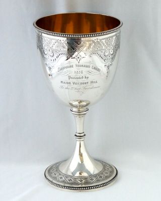 Sterling Silver Sword Fighting Trophy Goblet.  Shropshire Yeomanry Cavalry 1878.