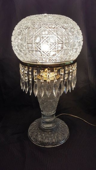 Antique American Brilliant Period Cut Crystal Mushroom Shade Table Lamp 25 " Tall
