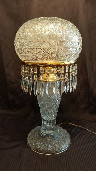 ANTIQUE AMERICAN BRILLIANT PERIOD CUT CRYSTAL MUSHROOM SHADE TABLE LAMP 25 