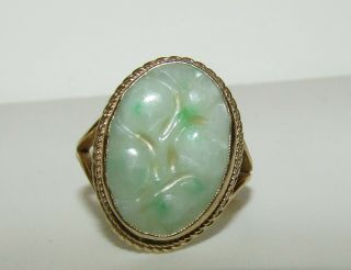 , Antique Chinese 9 Ct Gold Ring With Natural Carved Jade
