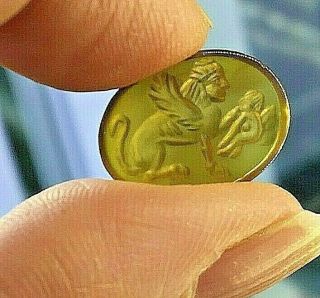 Ancient Carnelian Intaglio Sphinx Holding An Angel Egyptian Amulet Signet Bead