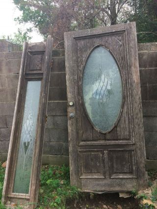 Vintage Entry Door 82 " High X36 " 2 Sidelights 15 " W Etched Glass Hardware Salvage