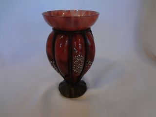 French Art Deco Blown Red Pink Glass Vase With Iron Mount - Attributed Delatte