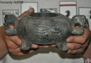 7 " China Hongshan Culture Meteorite Iron Carved Pig Dragon Tripod Bowl Cup Bowls