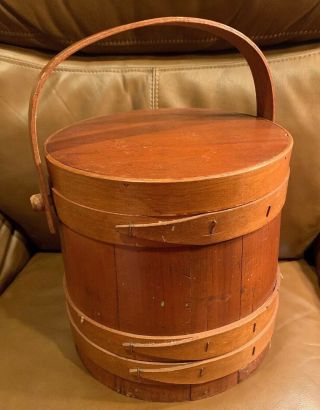 Primitive Wood Firkin Sugar Bucket With Lid And Pegged Finger Joints Farm House