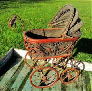 Vintage Baby Doll Bear Carriage Stroller Wood Primitive Collector