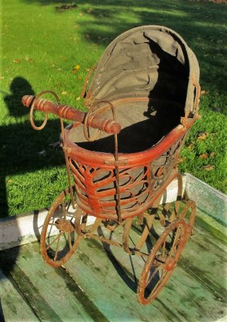 Vintage Baby Doll Bear Carriage Stroller Wood Primitive Collector 2