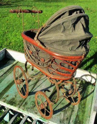 Vintage Baby Doll Bear Carriage Stroller Wood Primitive Collector 3