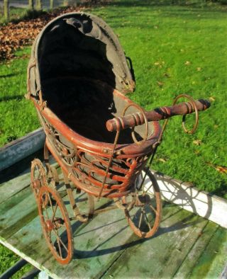 Vintage Baby Doll Bear Carriage Stroller Wood Primitive Collector 4