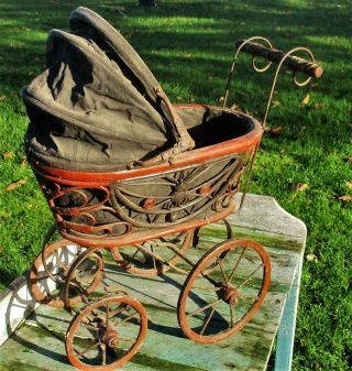 Vintage Baby Doll Bear Carriage Stroller Wood Primitive Collector 5