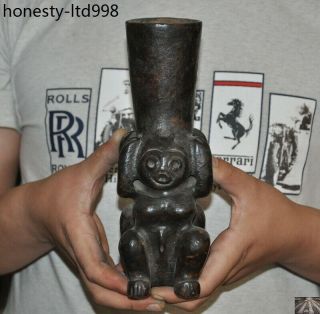 China Hongshan Culture Meteorite Iron Carved Double People Wineglass Cup Statue