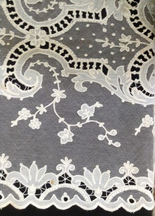 antique tambour lace curtains,  2 panels @ 75 by 25.  5 