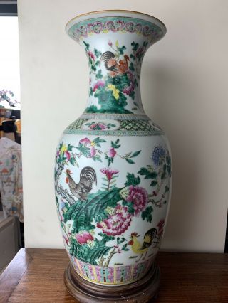 large antique chinese famille rose vase with seven rooster 3