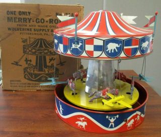 Vintage Wolverine Tin Litho Merry - Go - Round No.  31a Action Toy Box