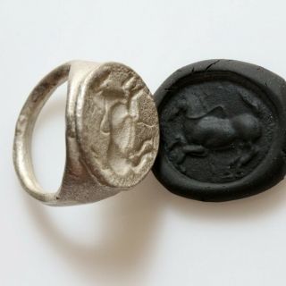 Circa 300 - 100 Bc Ancient Greek Silver Seal Ring Depicting Horse
