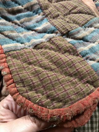RARE Early Antique Double Sided ALL LINSEY WOOLSEY Quilt Textile Brown Blue AAFA 12
