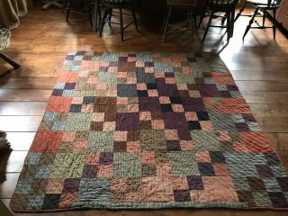Rare Early Antique Double Sided All Linsey Woolsey Quilt Textile Brown Blue Aafa
