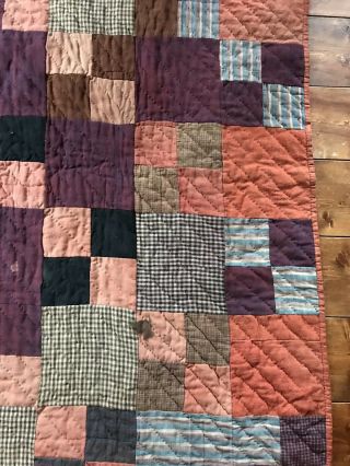 RARE Early Antique Double Sided ALL LINSEY WOOLSEY Quilt Textile Brown Blue AAFA 6