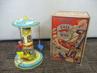 Vintage Unique Art Tin Litho Wind Up Musical Sail - Way Carousel