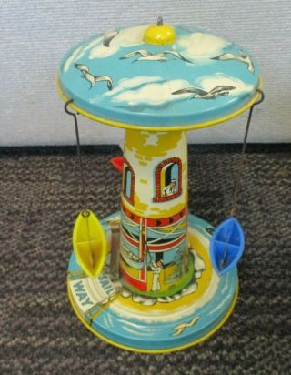 VINTAGE UNIQUE ART TIN LITHO WIND UP MUSICAL SAIL - WAY CAROUSEL 4