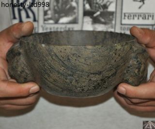 7 " China Hongshan Culture Meteorite Iron Carved Beast Head Statue Bowl Cup Bowls