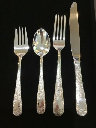 Old Md Engraved Sterling Flatware S.  Kirk & Sons (12) 4pc Piece Place Settings,