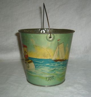 ANTIQUE RARE T.  BROS SIGNED TIN LITHO CHILDS SAND PAIL SAILING PARSONS BOAT 2