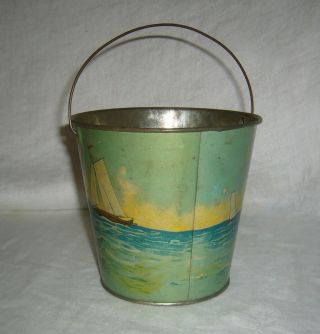 ANTIQUE RARE T.  BROS SIGNED TIN LITHO CHILDS SAND PAIL SAILING PARSONS BOAT 3